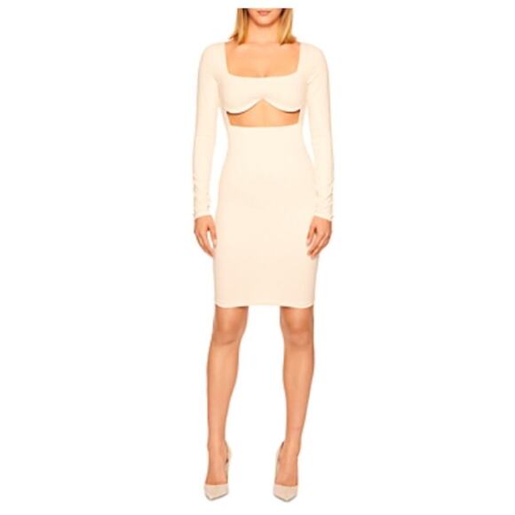 Susana Monaco Square Neck Cutout Dress Bodycon Long Sleeves Cream Size Small - Picture 1 of 12